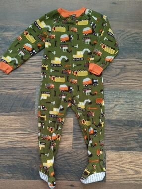 Boys Vintage Car Truck Excavator Olive Green Fleece Onsie Sleeper Pajamas, Sz 4T